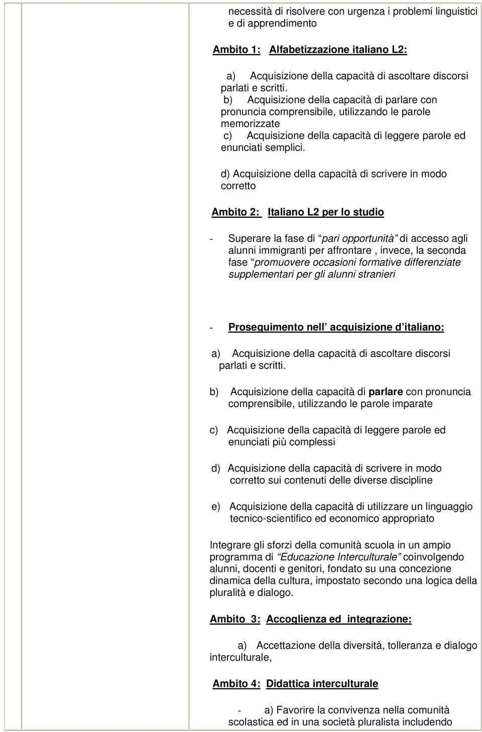 d) Acquisizione della capacità di scrivere in modo corretto Ambito 2: Italiano L2 per lo studio - Superare la fase di pari opportunità di accesso agli alunni immigranti per affrontare, invece, la