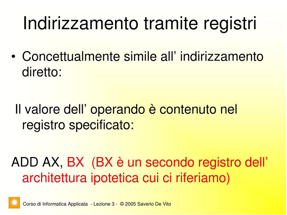 contenuto nel registro specificato: ADD AX, BX (BX è un