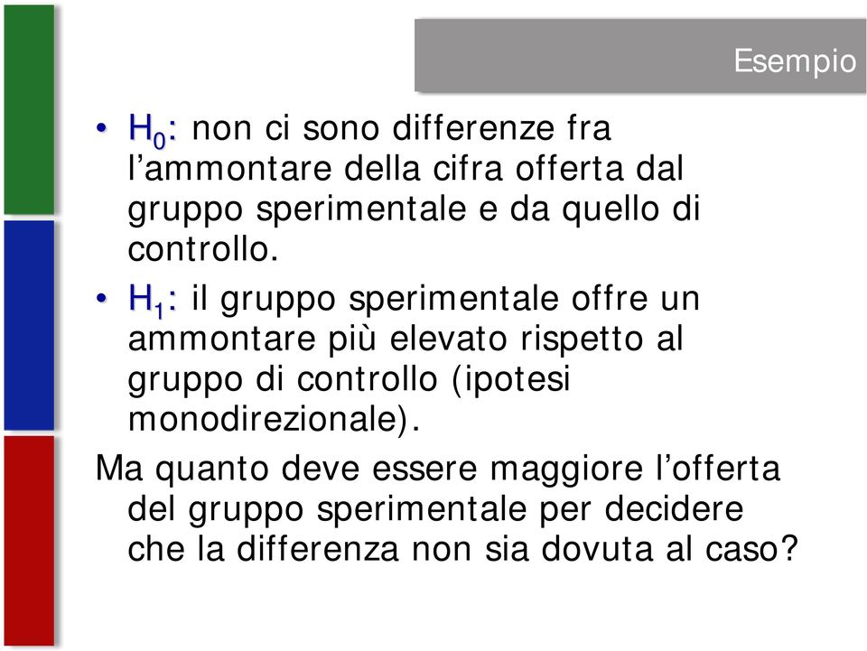 H 1 : il gruppo sperimentale offre un ammontare più elevato rispetto al gruppo di