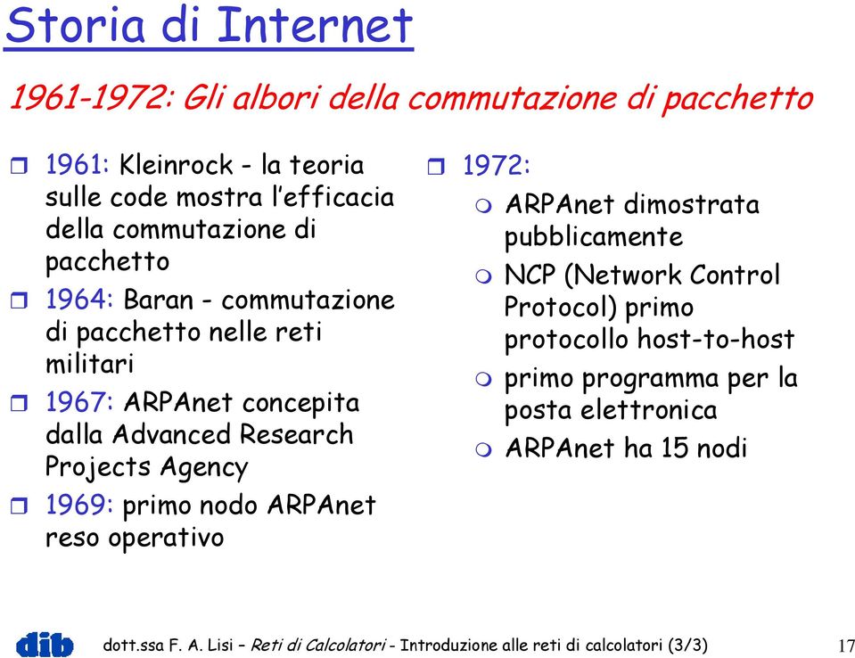 Agency 1969: primonodoarpanet reso operativo 1972: ARPAnet dimostrata pubblicamente NCP (Network Control Protocol) primo protocollo