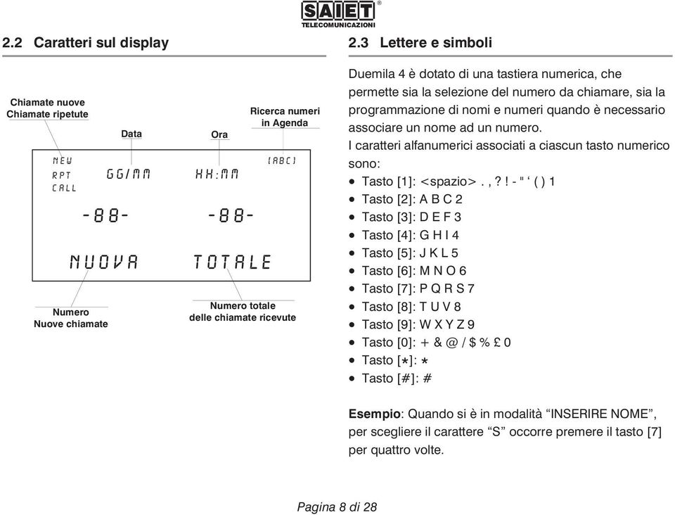 ricevute Duemila 4 è dotato di una tastiera numerica, che permette sia la selezione del numero da chiamare, sia la programmazione di nomi e numeri quando è necessario associare un nome ad un numero.