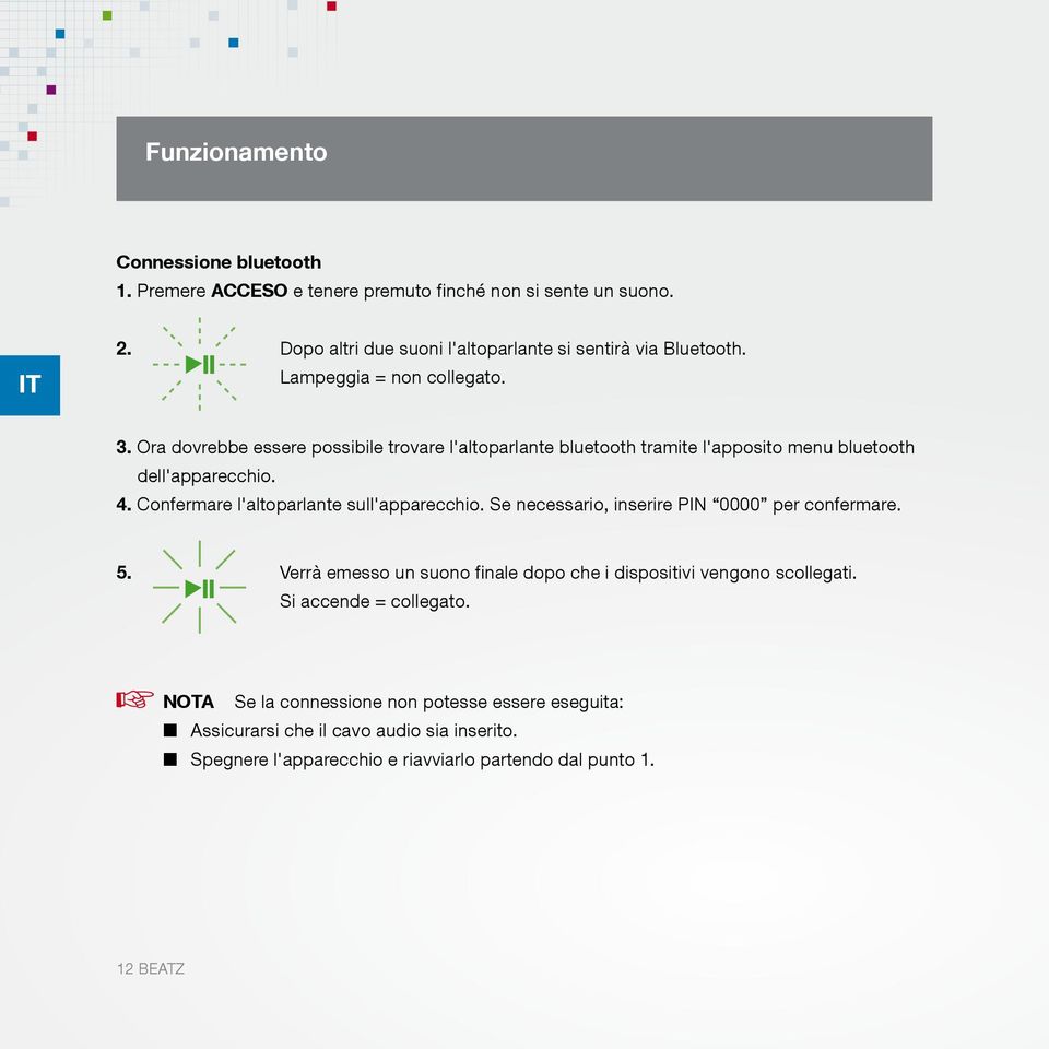 Confermare l'altoparlante sull'apparecchio. Se necessario, inserire PIN 0000 per confermare. 5. Verrà emesso un suono finale dopo che i dispositivi vengono scollegati.