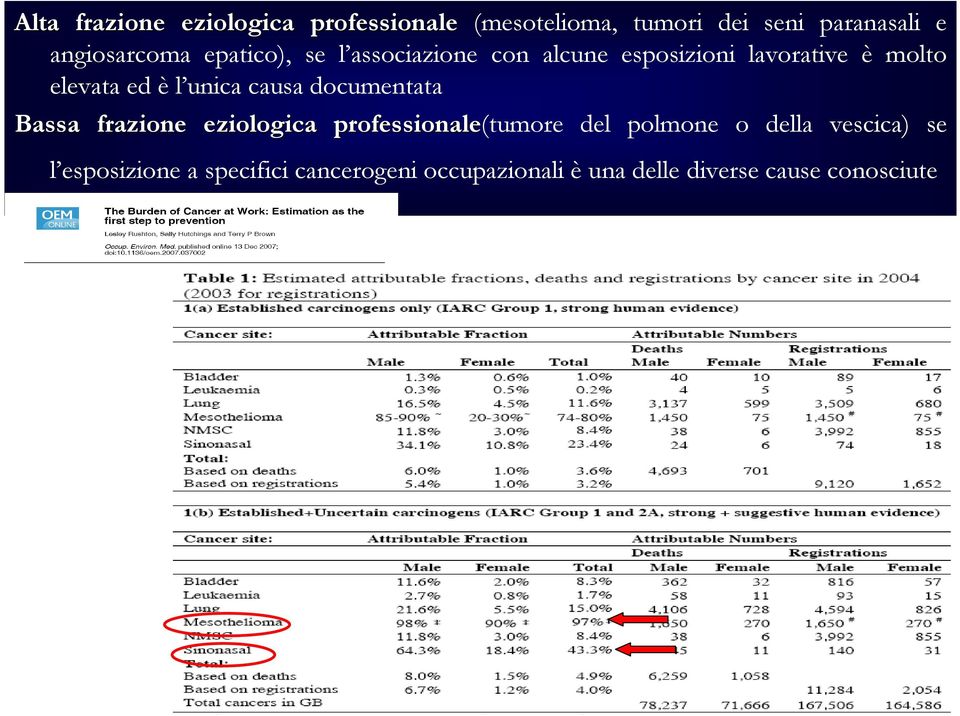 ed è l unica causa documentata Bassa frazione eziologica professionale(tumore del polmone o