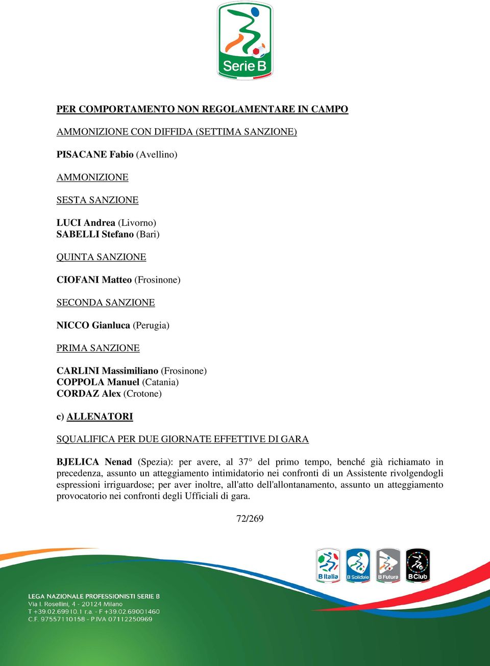 ALLENATORI SQUALIFICA PER DUE GIORNATE EFFETTIVE DI GARA BJELICA Nenad (Spezia): per avere, al 37 del primo tempo, benché già richiamato in precedenza, assunto un atteggiamento intimidatorio