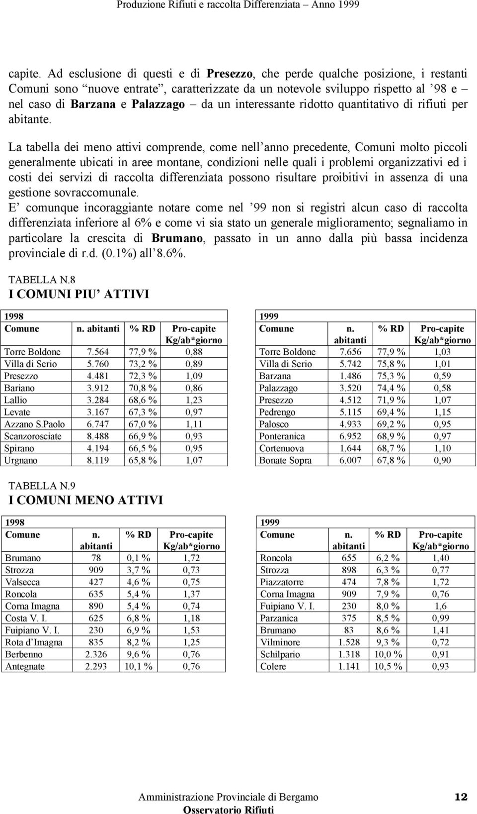 interessante ridotto quantitativo di rifiuti per abitante.