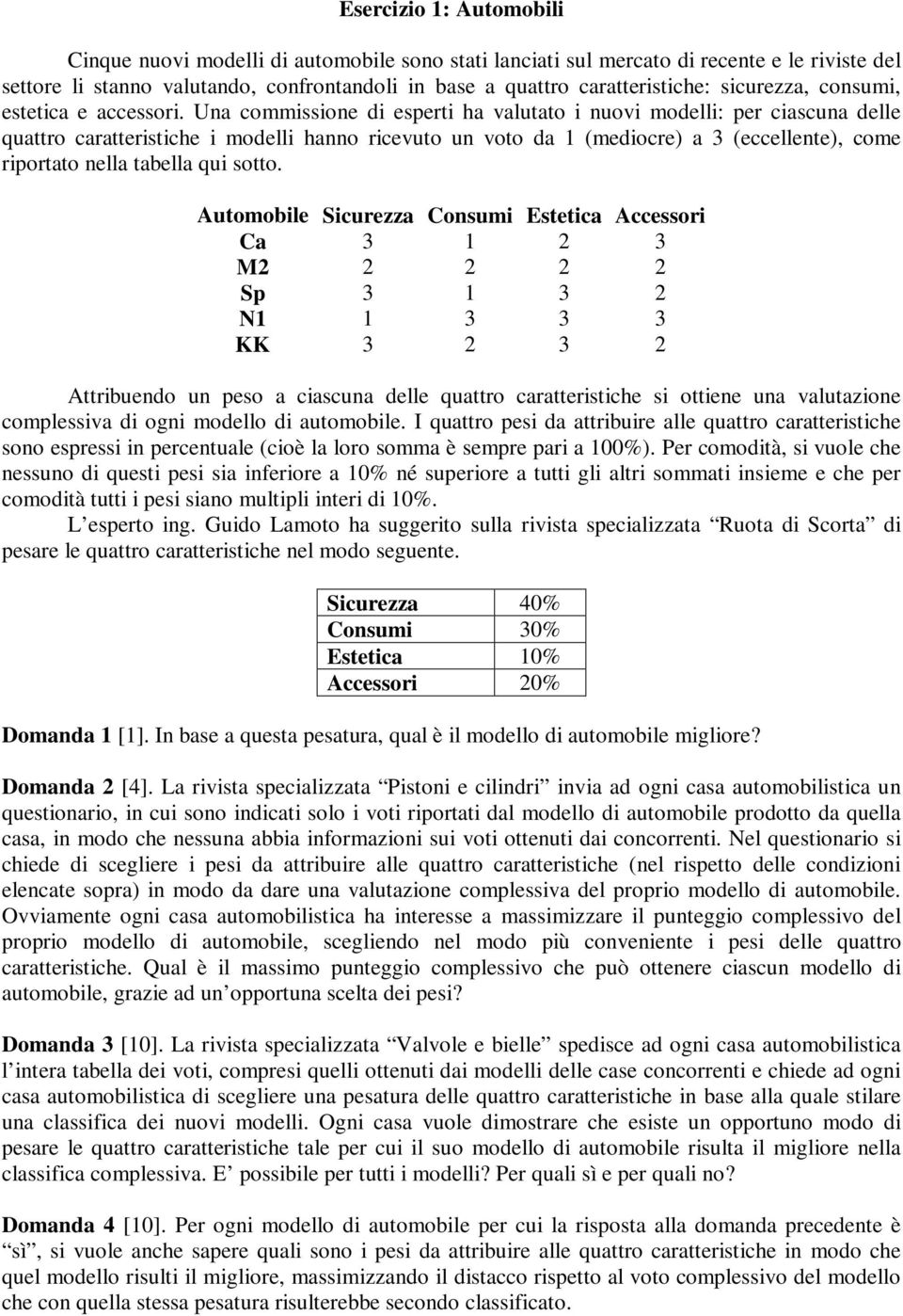 Una commissione di esperti ha valutato i nuovi modelli: per ciascuna delle quattro caratteristiche i modelli hanno ricevuto un voto da 1 (mediocre) a 3 (eccellente), come riportato nella tabella qui