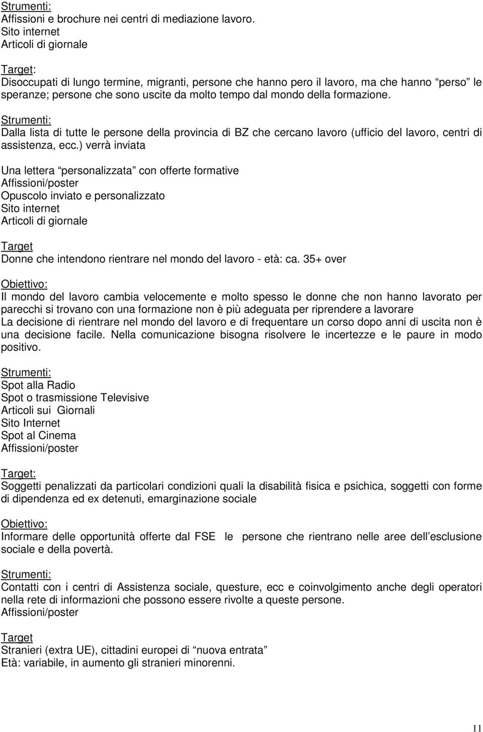 della formazione. Strumenti: Dalla lista di tutte le persone della provincia di BZ che cercano lavoro (ufficio del lavoro, centri di assistenza, ecc.