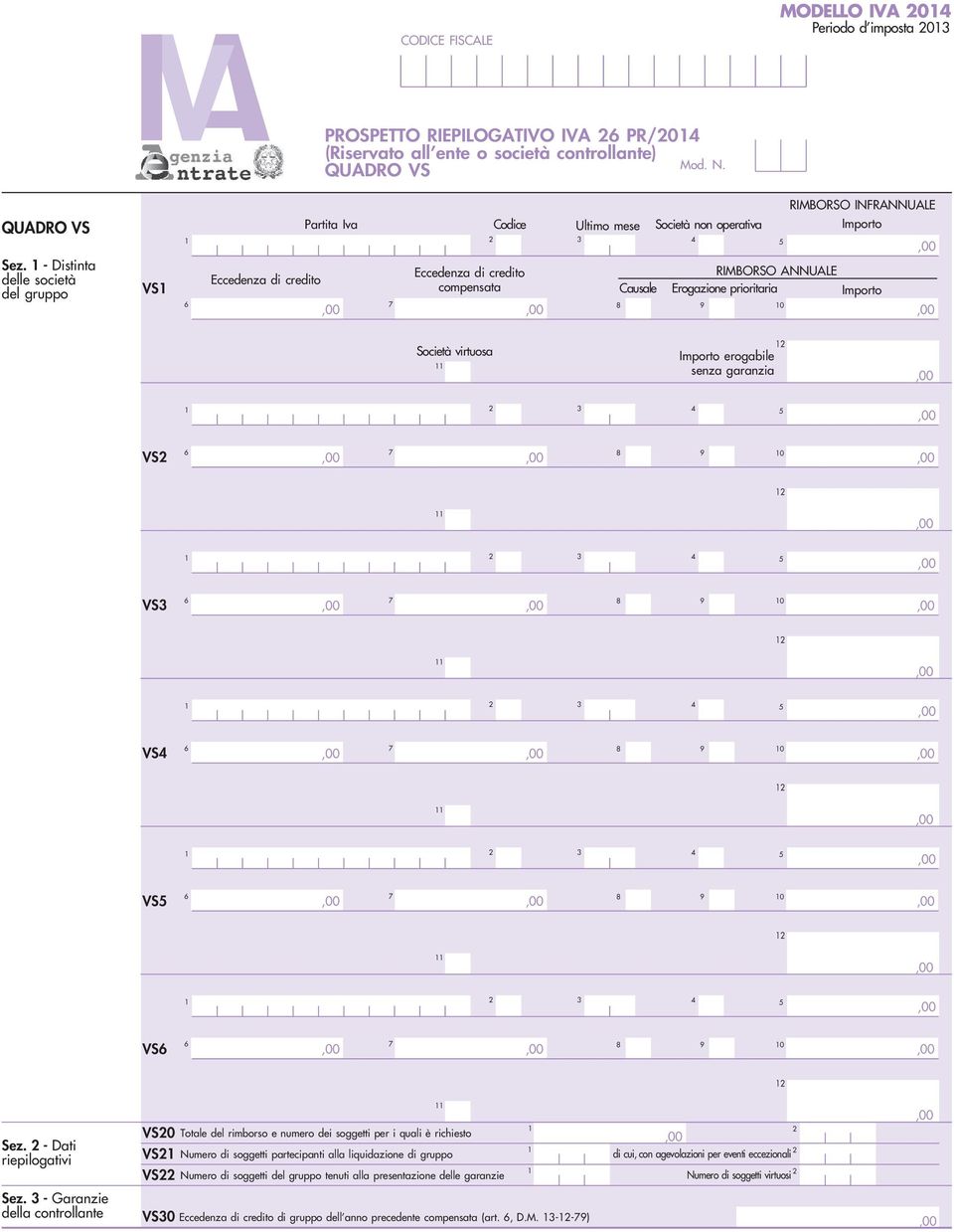 controllante) QUADRO VS 7 Eccedenza di credito compensata 8 Causale Mod. N.