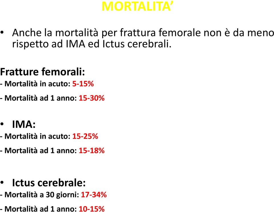 Fratture femorali: - Mortalità in acuto: 5-15% -Mortalità ad 1 anno: 15-30%