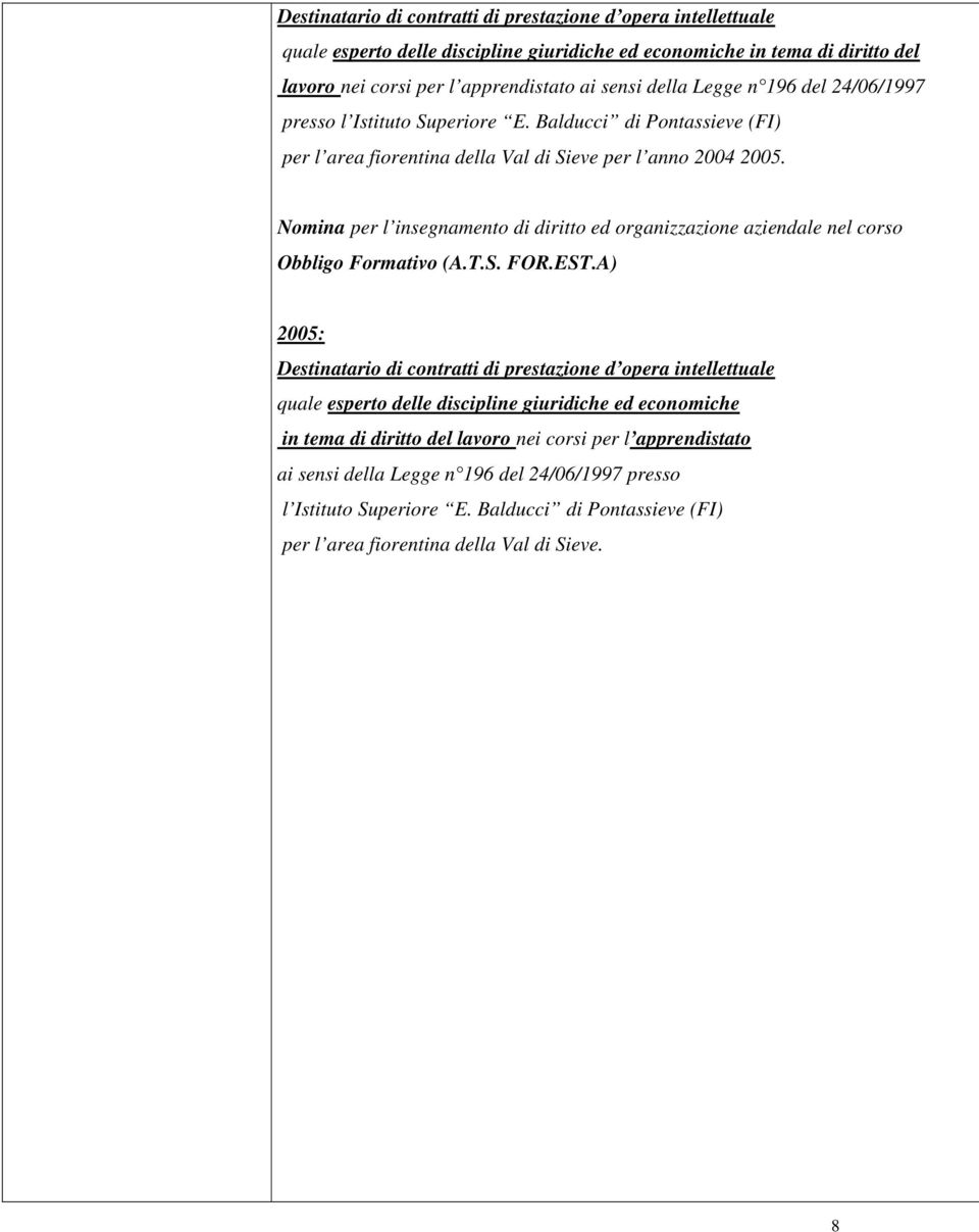 Nomina per l insegnamento di diritto ed organizzazione aziendale nel corso Obbligo Formativo (A.T.S. FOR.EST.A) 2005:  Legge n 196 del 24/06/1997 presso l Istituto Superiore E.