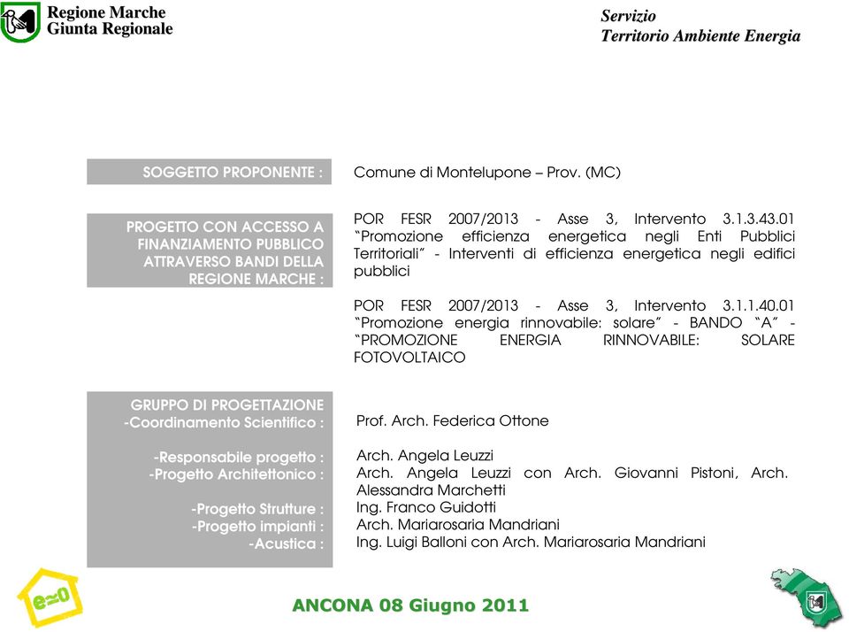 01 Promozione energia rinnovabile: solare - BANDO A - PROMOZIONE ENERGIA RINNOVABILE: SOLARE FOTOVOLTAICO GRUPPO DI PROGETTAZIONE -Coordinamento Scientifico : -Responsabile progetto : -Progetto