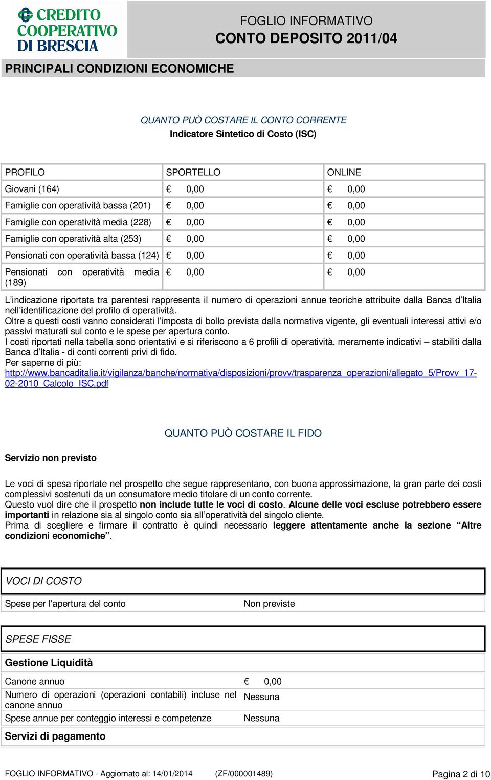 (189) 0,00 0,00 L indicazione riportata tra parentesi rappresenta il numero di operazioni annue teoriche attribuite dalla Banca d Italia nell identificazione del profilo di operatività.