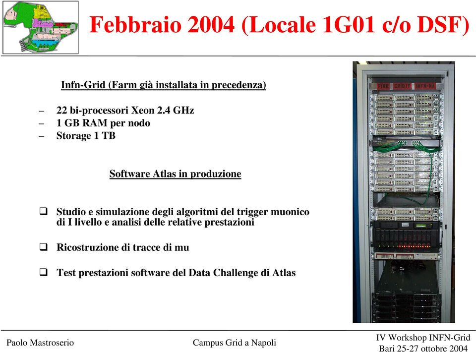 4 GHz 1 GB RAM per nodo Storage 1 TB Software Atlas in produzione Studio e simulazione