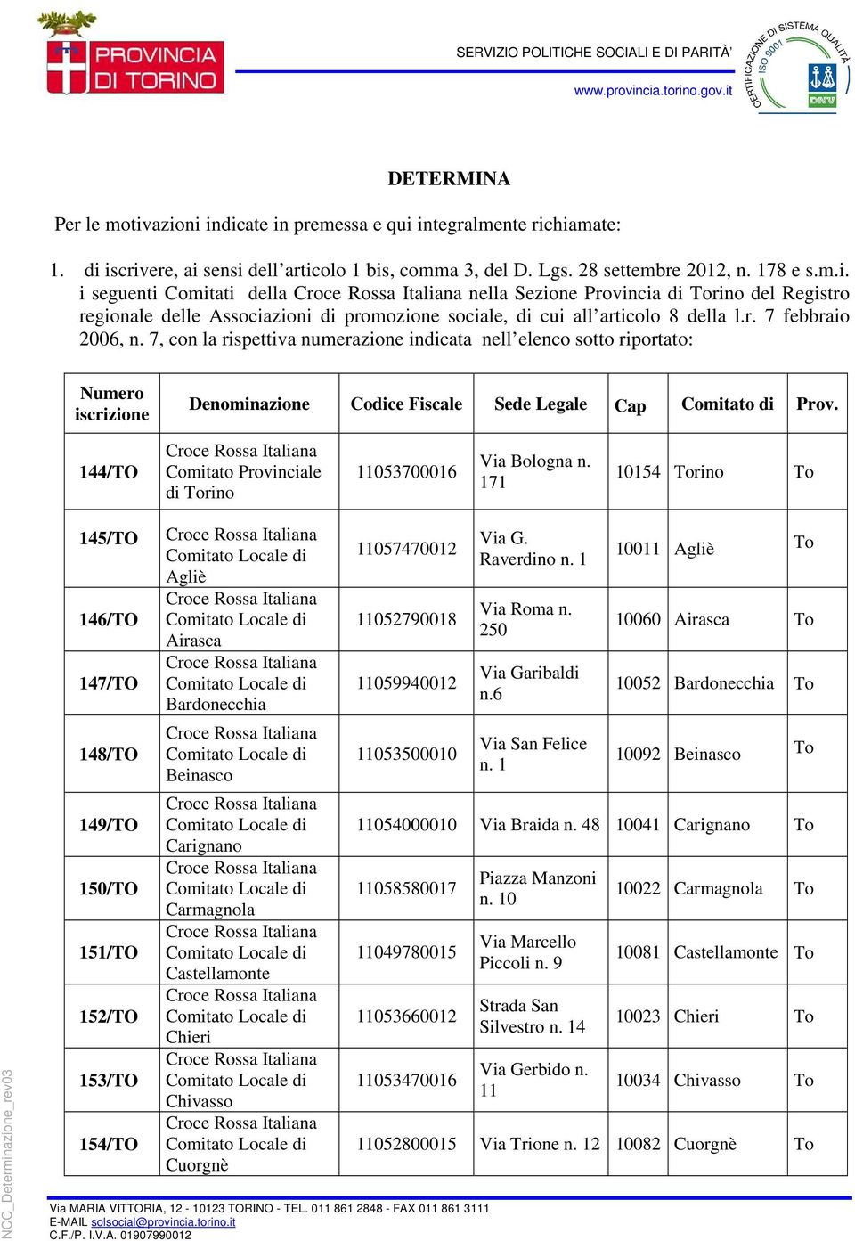 144/TO Comitato Provinciale di rino 11053700016 Via Bologna n.