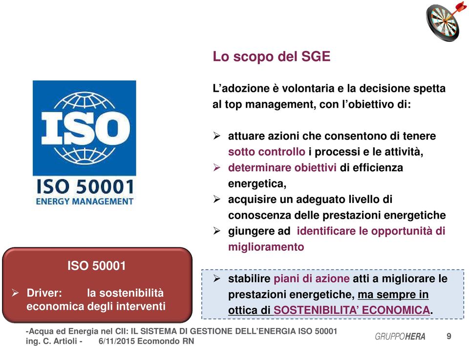conoscenza delle prestazioni energetiche giungere ad identificare le opportunità di miglioramento ISO 50001 Driver: la sostenibilità