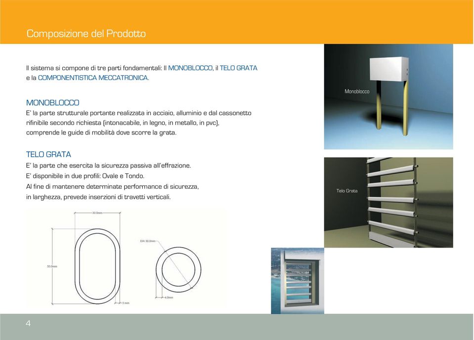 in metallo, in pvc), comprende le guide di mobilità dove scorre la grata. TELO GRATA E la parte che esercita la sicurezza passiva all effrazione.