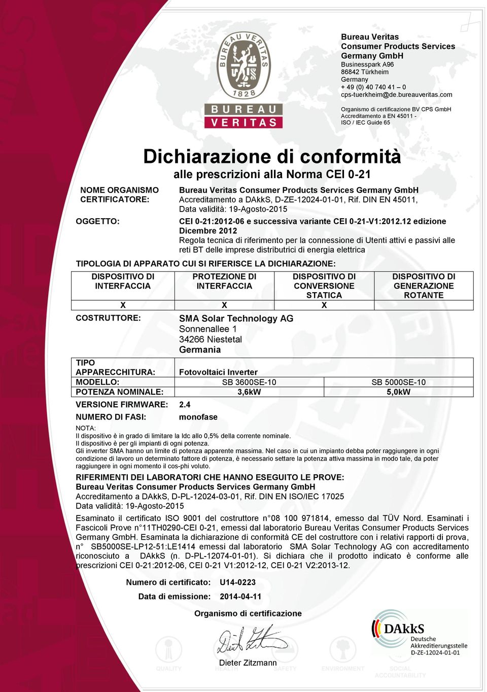 Bureau Veritas Consumer Products Services Germany GmbH Accreditamento a DAkkS, D-ZE-12024-01-01, Rif.