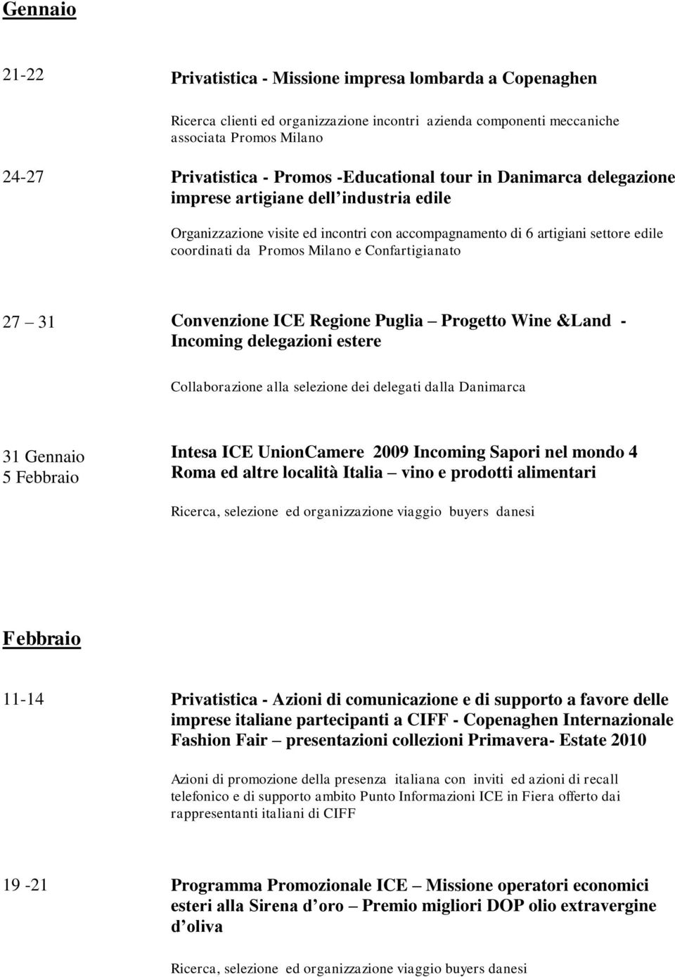 Confartigianato 27 31 Convenzione ICE Regione Puglia Progetto Wine &Land - Incoming delegazioni estere Collaborazione alla selezione dei delegati dalla Danimarca 31 Gennaio 5 Febbraio Intesa ICE