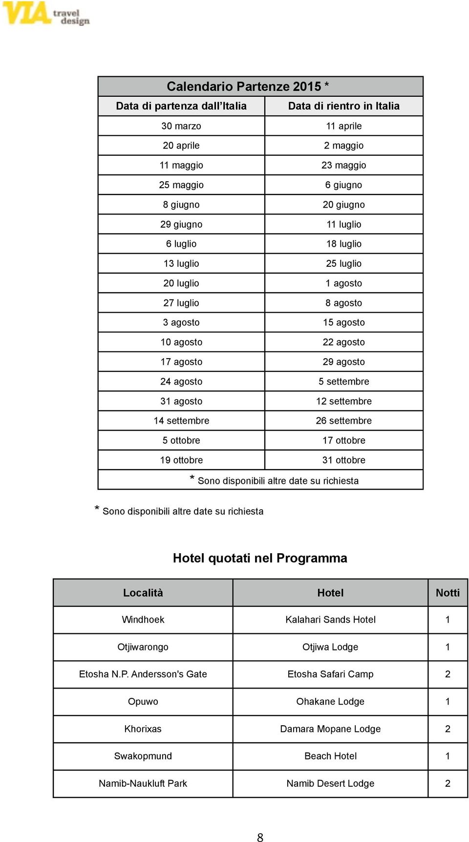 settembre 5 ottobre 17 ottobre 19 ottobre 31 ottobre * Sono disponibili altre date su richiesta * Sono disponibili altre date su richiesta Hotel quotati nel Programma Località Hotel Notti Windhoek