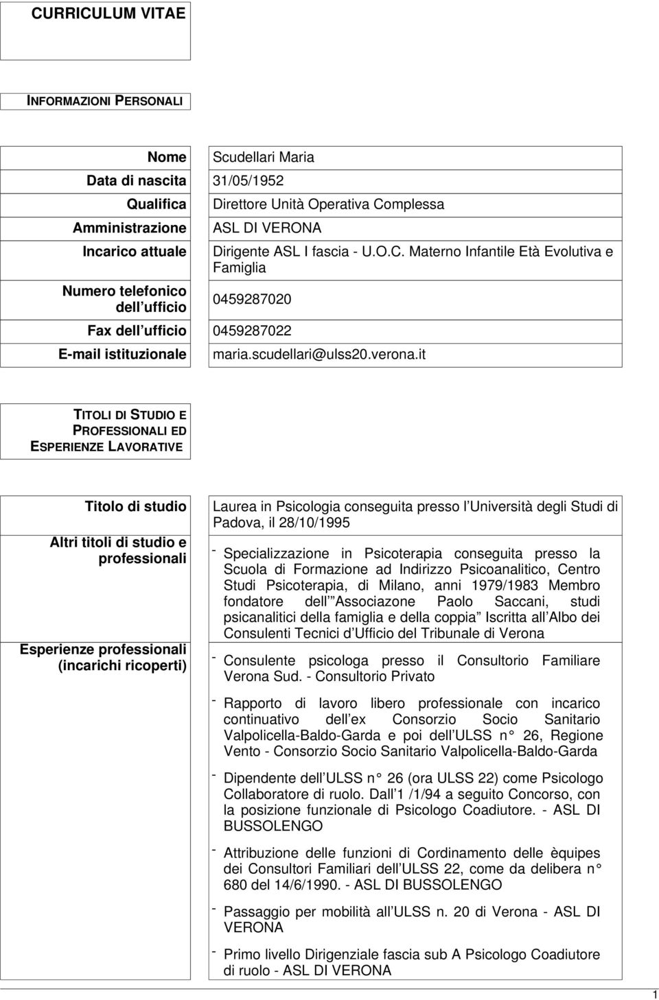 it TITOLI DI STUDIO E PROFESSIONALI ED ESPERIENZE LAVORATIVE Titolo di studio Altri titoli di studio e professionali Esperienze professionali (incarichi ricoperti) Laurea in Psicologia conseguita