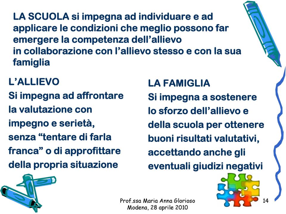 serietà, senza tentare t di farla franca o di approfittare della propria situazione i LA FAMIGLIA Si impegna a sostenere lo