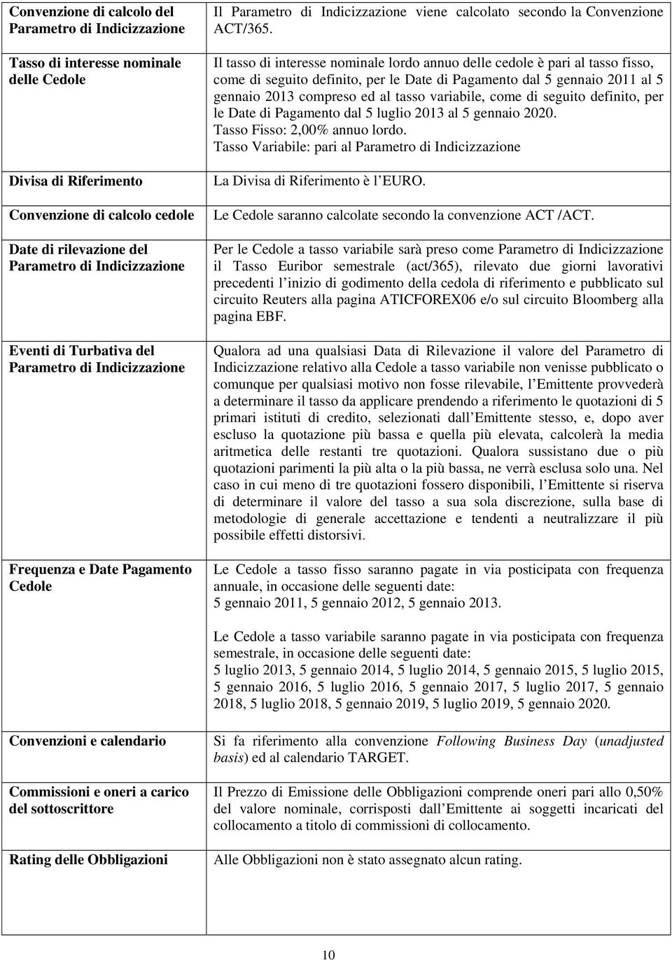 Il tasso di interesse nominale lordo annuo delle cedole è pari al tasso fisso, come di seguito definito, per le Date di Pagamento dal 5 gennaio 2011 al 5 gennaio 2013 compreso ed al tasso variabile,