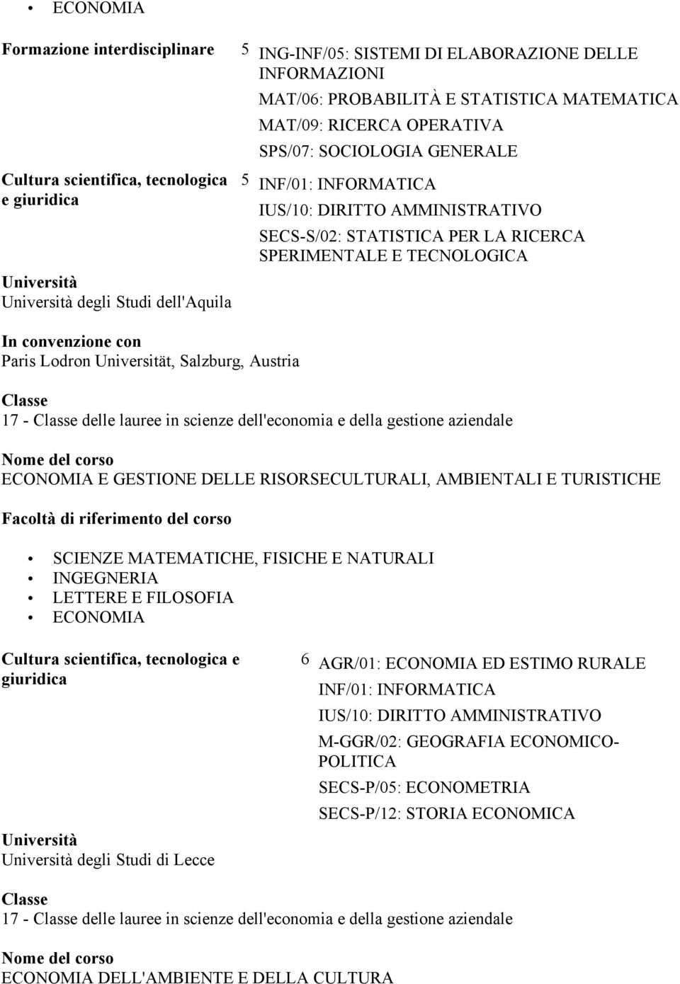 ECONOMIA E GESTIONE DELLE RISORSECULTURALI, AMBIENTALI E TURISTICHE SCIENZE MATEMATICHE, FISICHE E NATURALI INGEGNERIA LETTERE E FILOSOFIA Cultura scientifica, tecnologica e giuridica degli Studi di