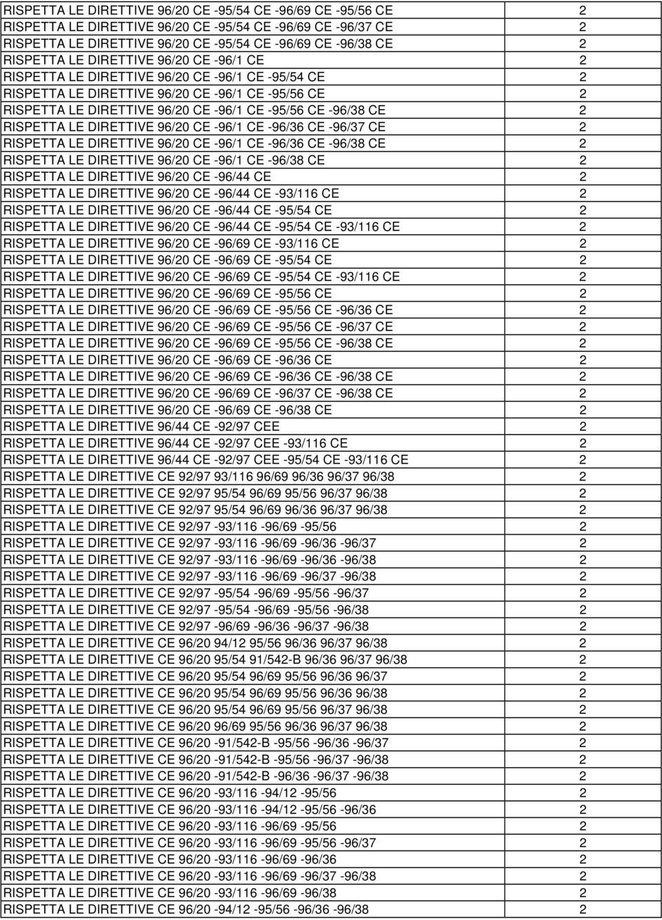 RISPETTA LE DIRETTIVE 96/20 CE -96/1 CE -96/36 CE -96/37 CE 2 RISPETTA LE DIRETTIVE 96/20 CE -96/1 CE -96/36 CE -96/38 CE 2 RISPETTA LE DIRETTIVE 96/20 CE -96/1 CE -96/38 CE 2 RISPETTA LE DIRETTIVE