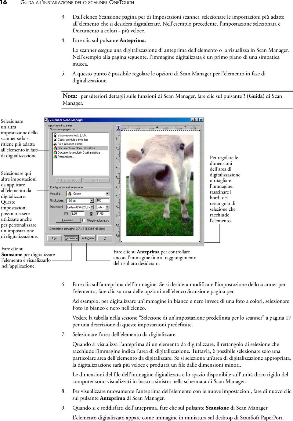 Lo scanner esegue una digitalizzazione di anteprima dell elemento o la visualizza in Scan Manager. Nell esempio alla pagina seguente, l immagine digitalizzata è un primo piano di una simpatica mucca.