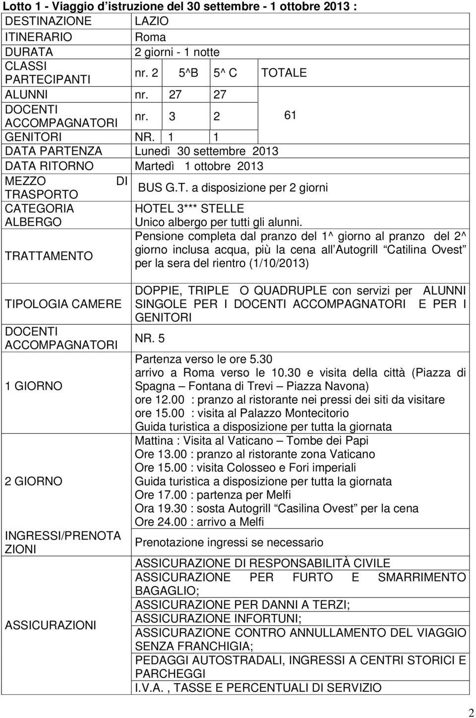 Pensione completa dal pranzo del 1^ giorno al pranzo del 2^ TRATTAMENTO giorno inclusa acqua, più la cena all Autogrill Catilina Ovest per la sera del rientro (1/10/2013) TIPOLOGIA CAMERE DOCENTI