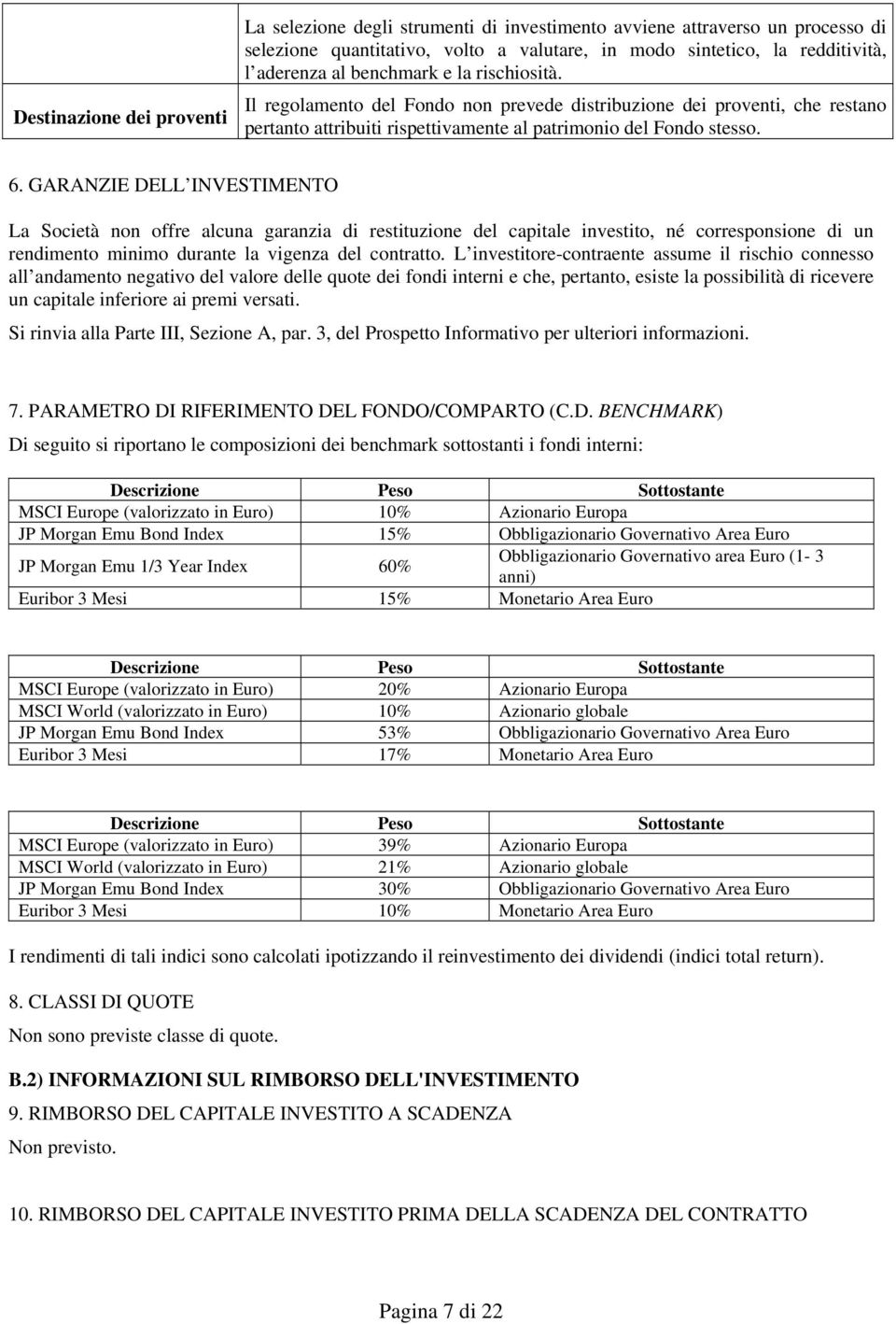 GARANZIE DELL INVESTIMENTO La Società non offre alcuna garanzia di restituzione del capitale investito, né corresponsione di un rendimento minimo durante la vigenza del contratto.