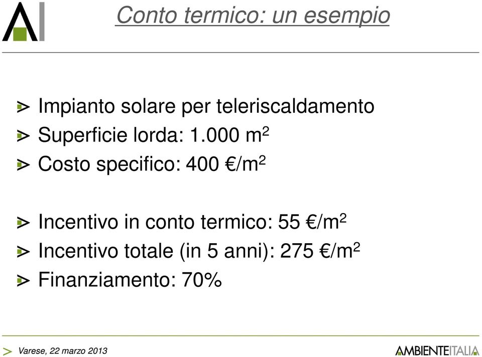 000 m 2 Costo specifico: 400 /m 2 Incentivo in conto