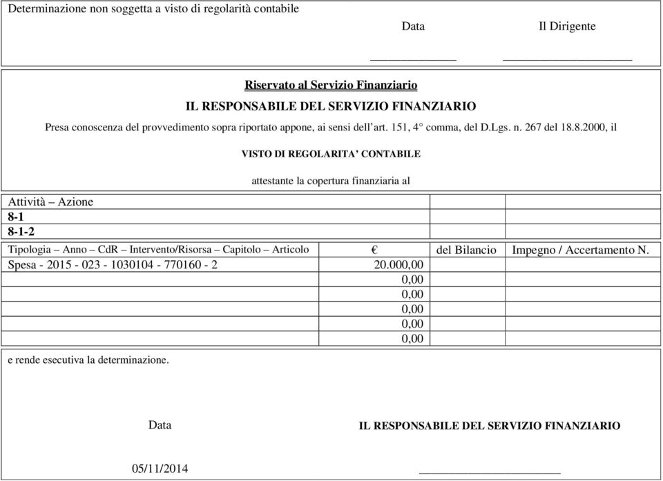 8.2000, il VISTO DI REGOLARITA CONTABILE Attività Azione 8-1 8-1-2 attestante la copertura finanziaria al Tipologia Anno CdR Intervento/Risorsa