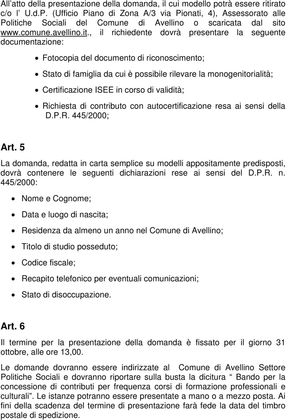 che Sociali del Comune di Avellino o scaricata dal sito