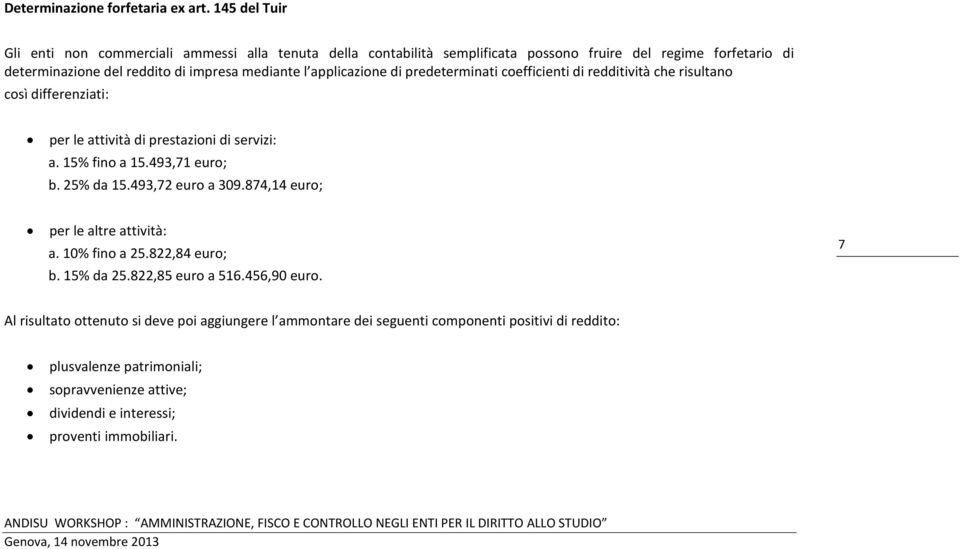 applicazione di predeterminati coefficienti di redditività che risultano così differenziati: per le attività di prestazioni di servizi: a. 15% fino a 15.493,71 euro; b. 25% da 15.