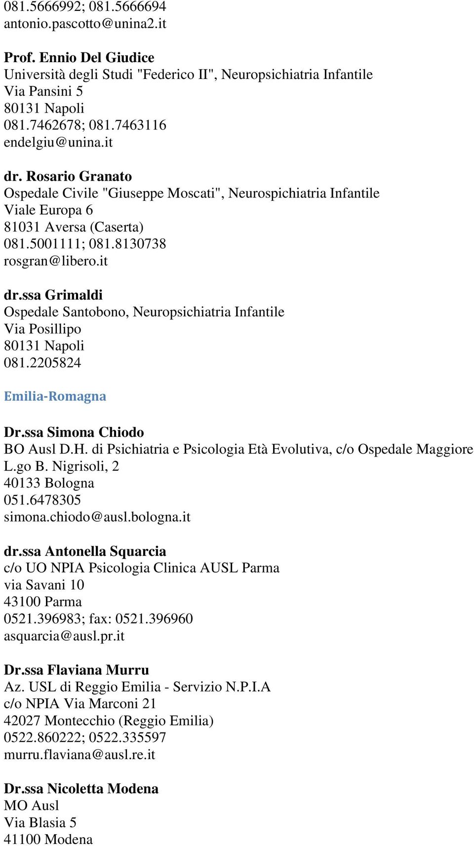 2205824 Emilia Romagna Dr.ssa Simona Chiodo BO Ausl D.H. di Psichiatria e Psicologia Età Evolutiva, c/o Ospedale Maggiore L.go B. Nigrisoli, 2 40133 Bologna 051.6478305 simona.chiodo@ausl.bologna.