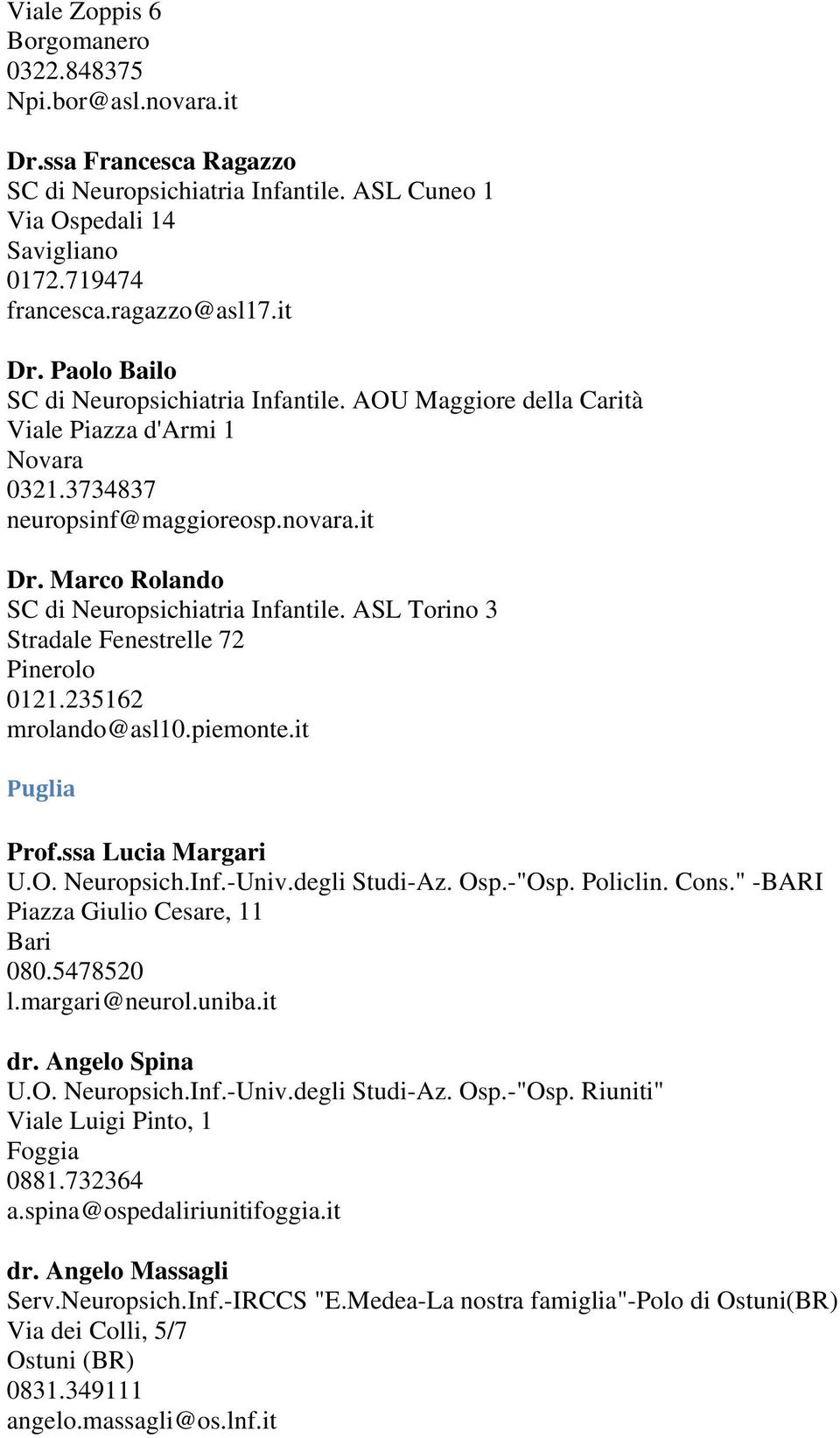 ASL Torino 3 Stradale Fenestrelle 72 Pinerolo 0121.235162 mrolando@asl10.piemonte.it Puglia Prof.ssa Lucia Margari U.O. Neuropsich.Inf.-Univ.degli Studi-Az. Osp.-"Osp. Policlin. Cons.