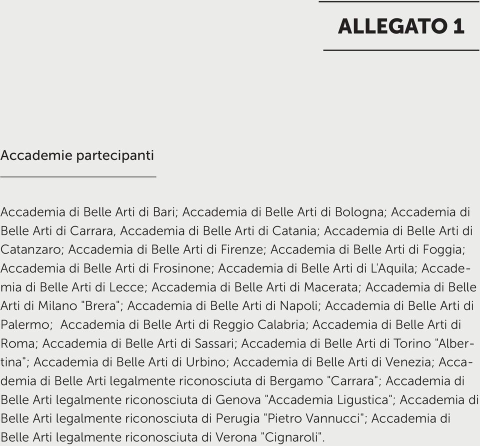 Accademia di Belle Arti di Macerata; Accademia di Belle Arti di Milano "Brera"; Accademia di Belle Arti di Napoli; Accademia di Belle Arti di Palermo; Accademia di Belle Arti di Reggio Calabria;