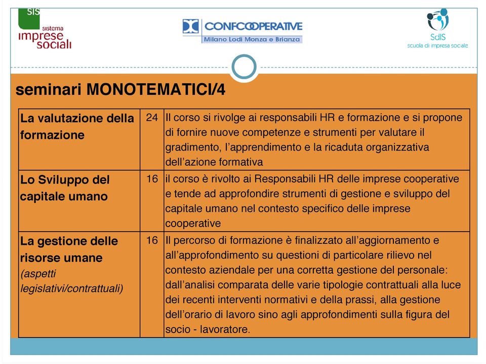 delle imprese cooperative e tende ad approfondire strumenti di gestione e sviluppo del capitale umano nel contesto specifico delle imprese cooperative 16 Il percorso di formazione è finalizzato all