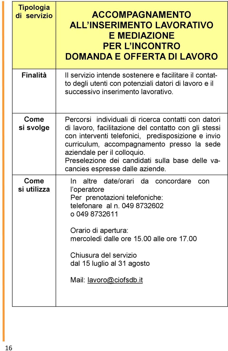 si svolge si utilizza Percorsi individuali di ricerca contatti con datori di lavoro, facilitazione del contatto con gli stessi con interventi telefonici, predisposizione e invio curriculum,