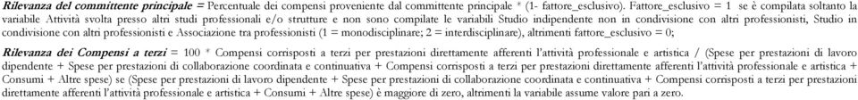 altri professionisti, Studio in condivisione con altri professionisti e Associazione tra professionisti (1 = monodisciplinare; 2 = interdisciplinare), altrimenti fattore_esclusivo = 0; Rilevanza dei