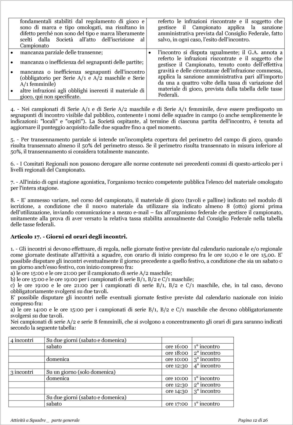 A/1 femminile) altre infrazioni agli obblighi inerenti il materiale di gioco, qui non specificate.