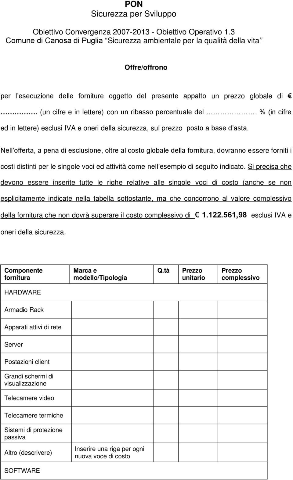 Nell offerta, a pena di esclusione, oltre al costo globale della fornitura, dovranno essere forniti i costi distinti per le singole voci ed attività come nell esempio di seguito indicato.