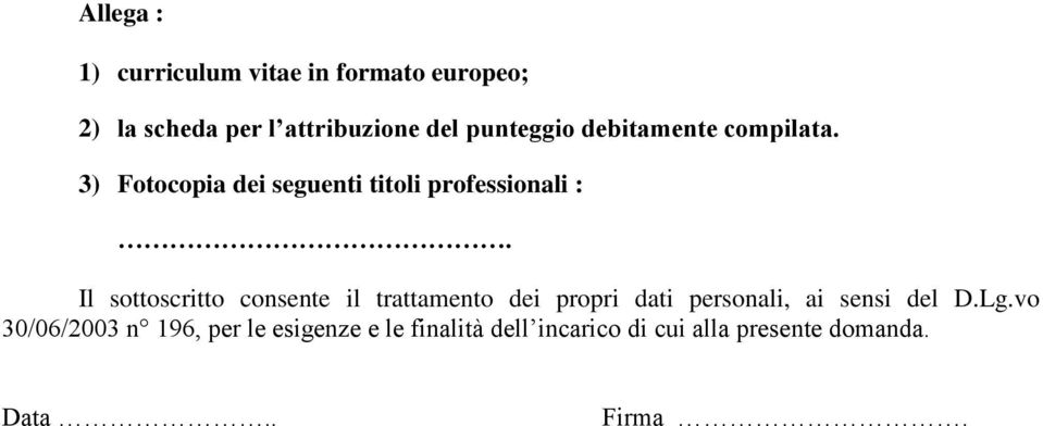 Il sottoscritto consente il trattamento dei propri dati personali, ai sensi del D.Lg.