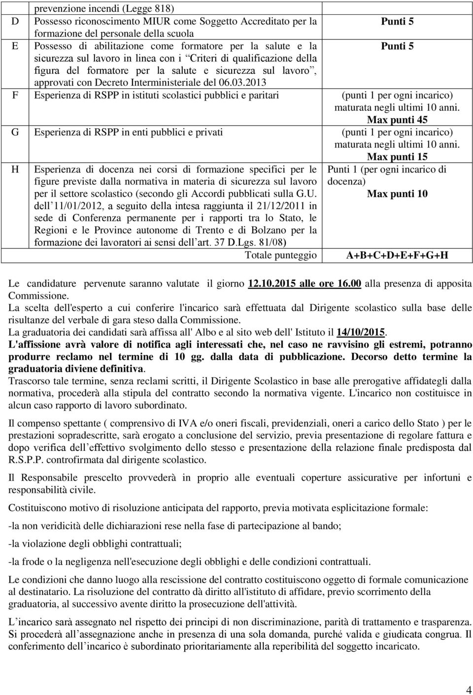 2013 F Esperienza di RSPP in istituti scolastici pubblici e paritari (punti 1 per ogni incarico) maturata negli ultimi 10 anni.