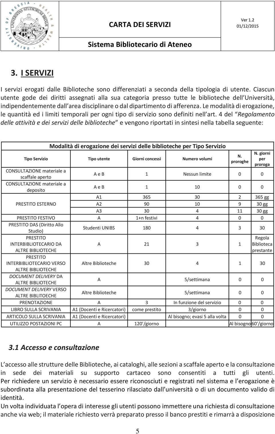 Le modalità di erogazione, le quantità ed i limiti temporali per ogni tipo di servizio sono definiti nell art.