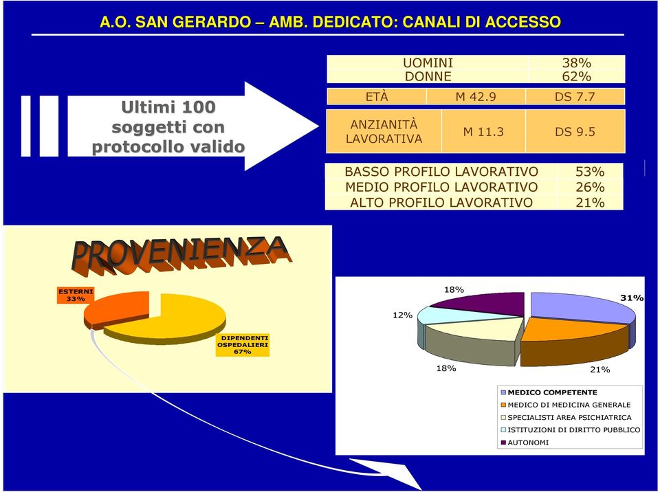 DONNE M 42.9 M 11.3 BASSO PROFILO LAVORATIVO MEDIO PROFILO LAVORATIVO ALTO PROFILO LAVORATIVO 38% 62% DS 7.