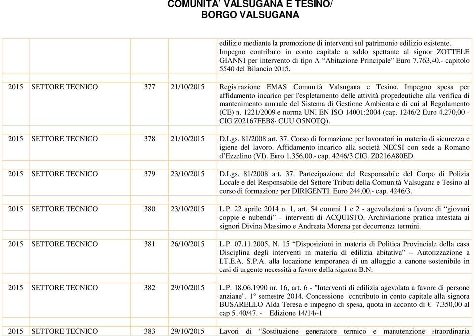 2015 SETTORE TECNICO 377 21/10/2015 Registrazione EMAS Comunità Valsugana e Tesino.