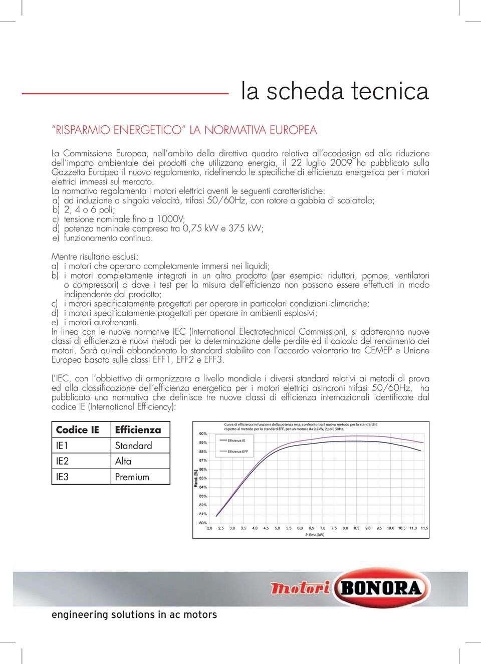 La normativa regolamenta i motori elettrici aventi le seguenti caratteristiche: a) ad induzione a singola velocità, trifasi 50/60Hz, con rotore a gabbia di scoiattolo; b) 2, 4 o 6 poli; c) tensione