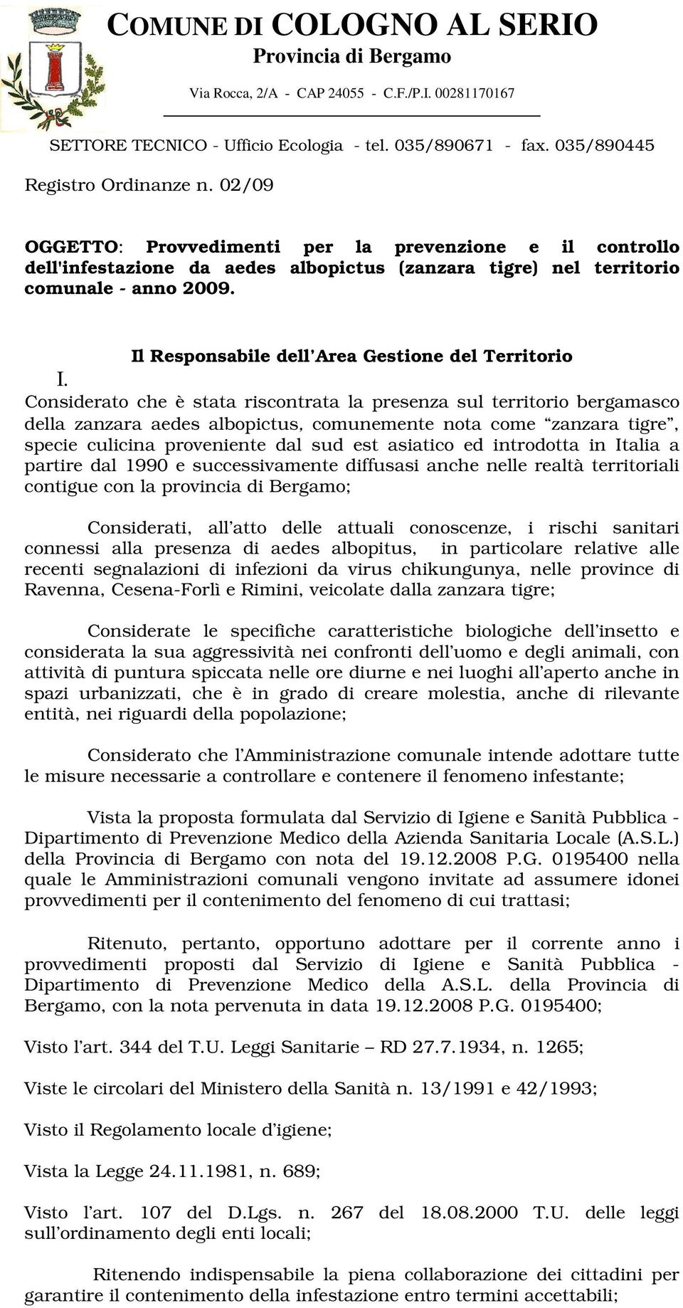 Il Responsabile dell Area Gestione del Territorio I.